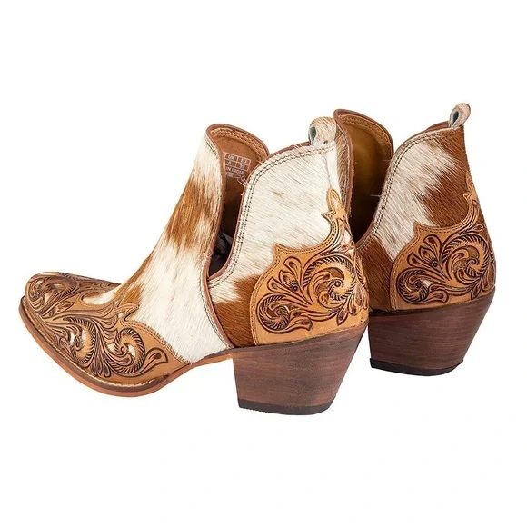 MYRA Western Boho Horse Jane Tooled Leather Hairon Calf-Hair Ankle Booties 10 - Picture 11 of 11